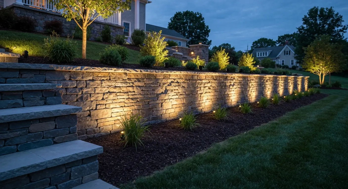 Landscape lighting around retaining wall