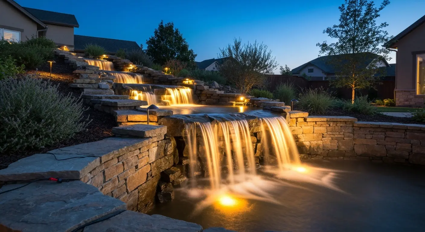 Landscape lighting on waterfall
