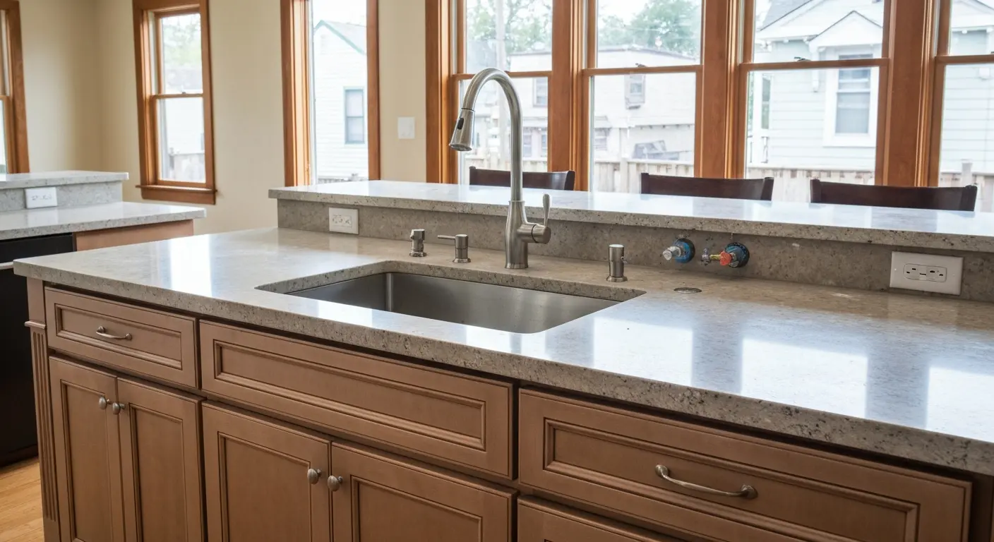Island with sink and plumbing
