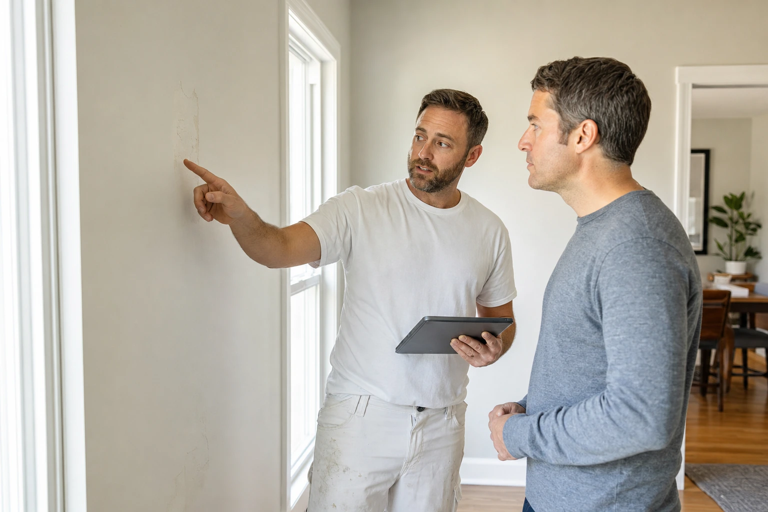 Painting and drywall contractor walkthrough with homeowner