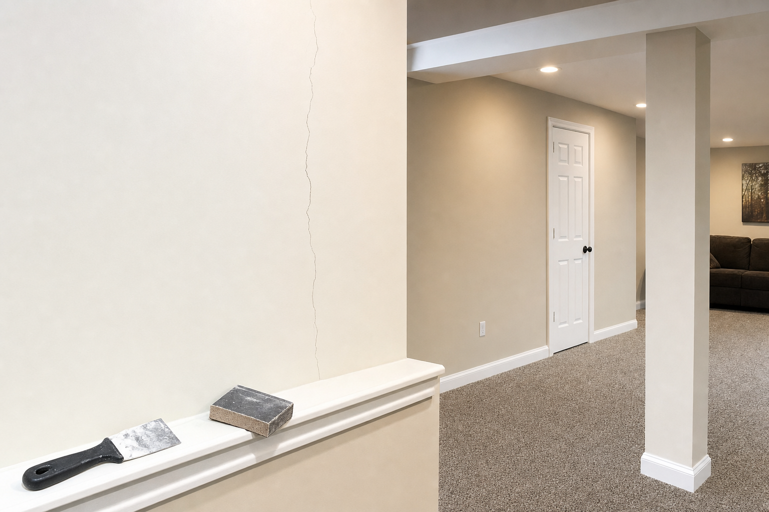 Finished basement drywall crack repair in Ballwin MO