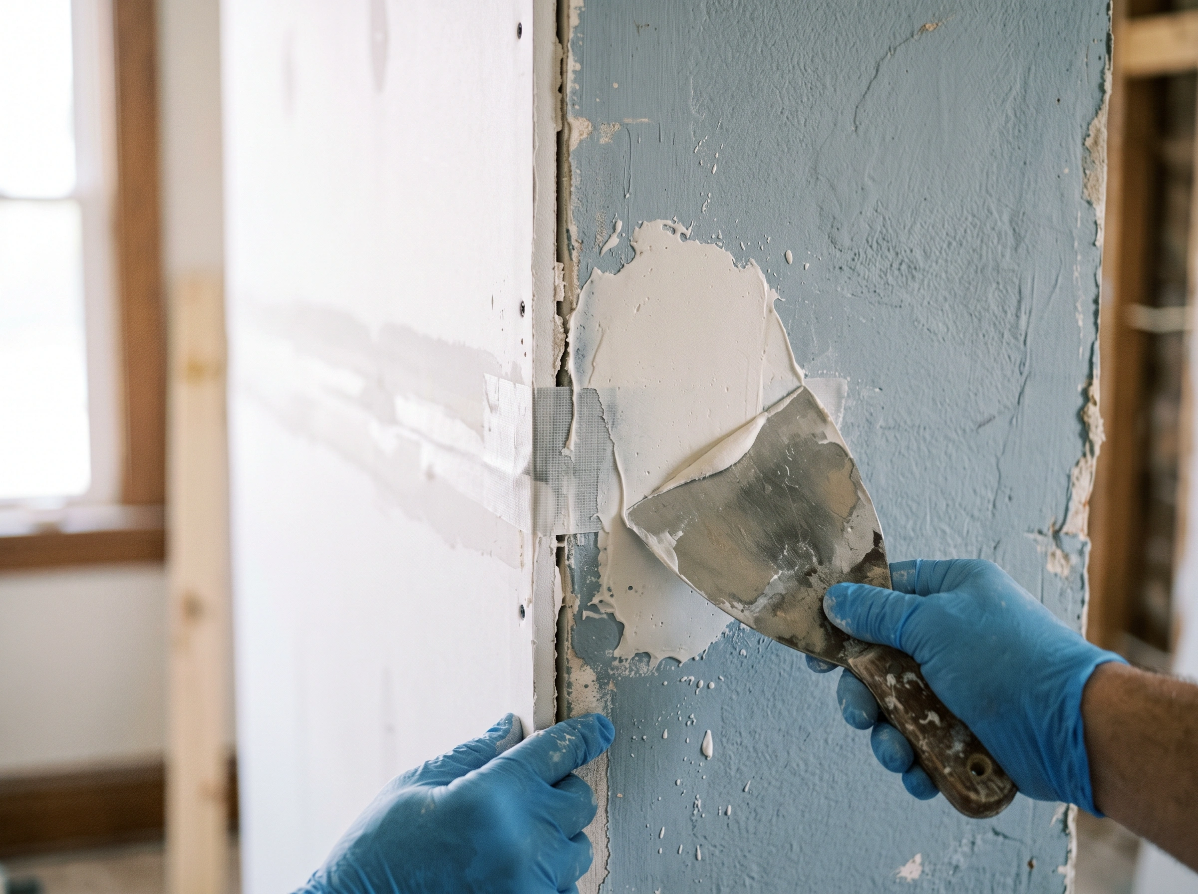 close-up photo of new drywall being finished beside an older plaster wall inside a Webster Groves home
