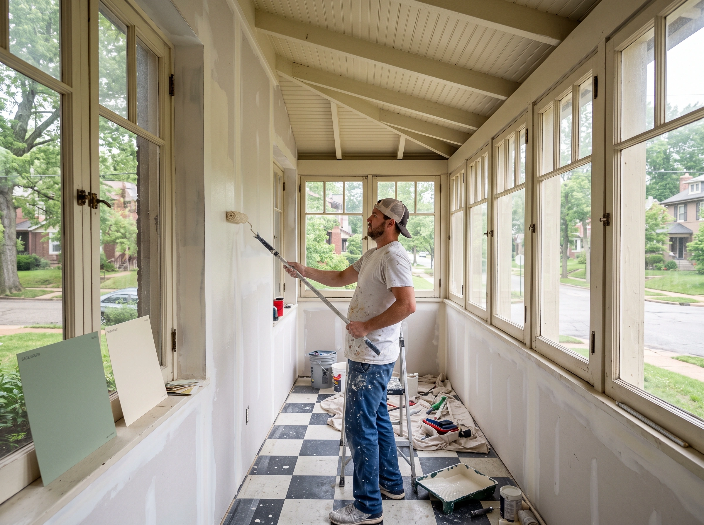 photo of a painter applying primer to new drywall in an enclosed porch conversion inside a Webster Groves home.