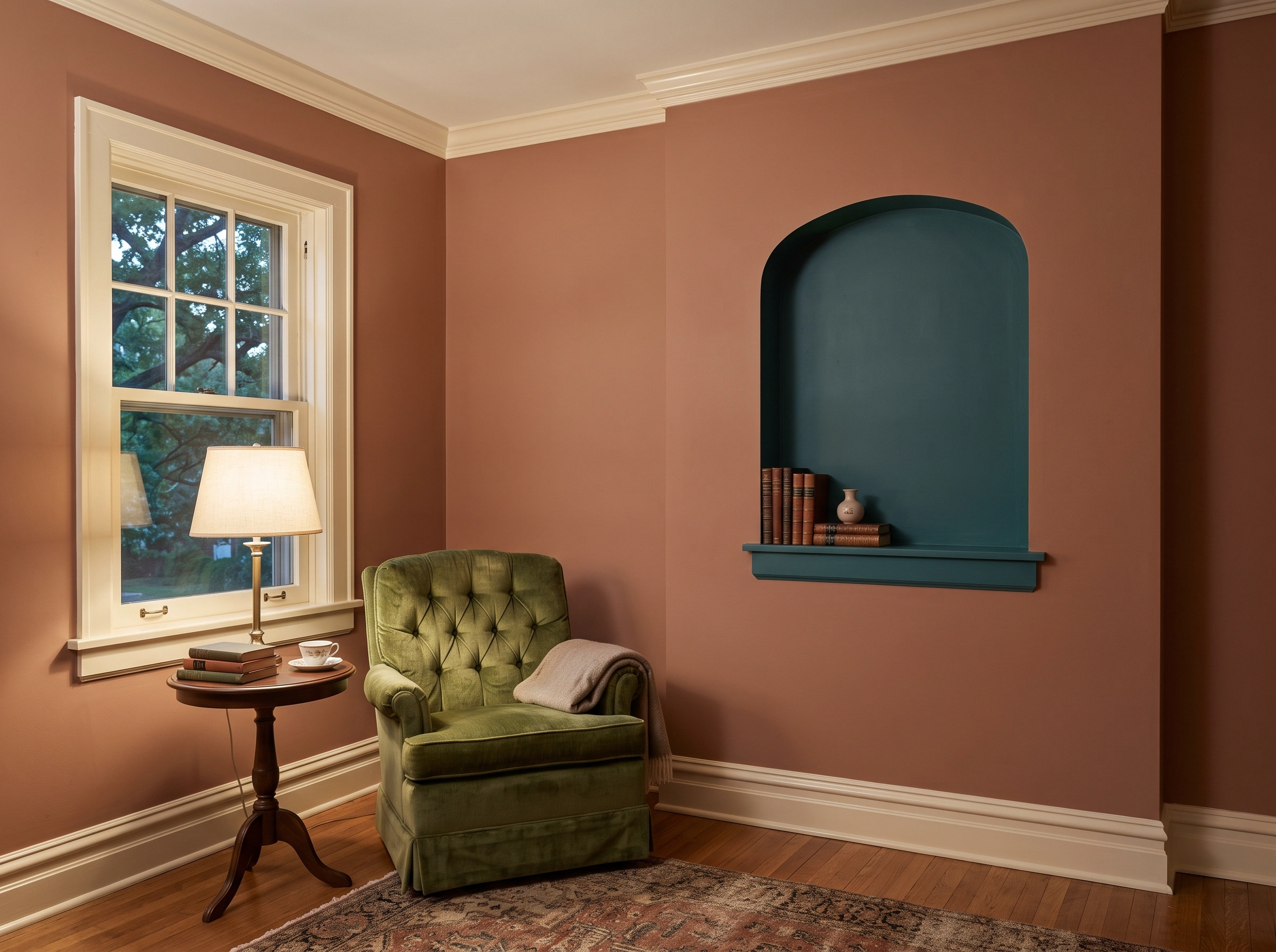 A photo of a finished Webster Groves home with smooth walls painted a muted clay color, a deep teal accent niche, older-style trim painted warm ivory interior after new drywall was properly finished, primed, and painted.