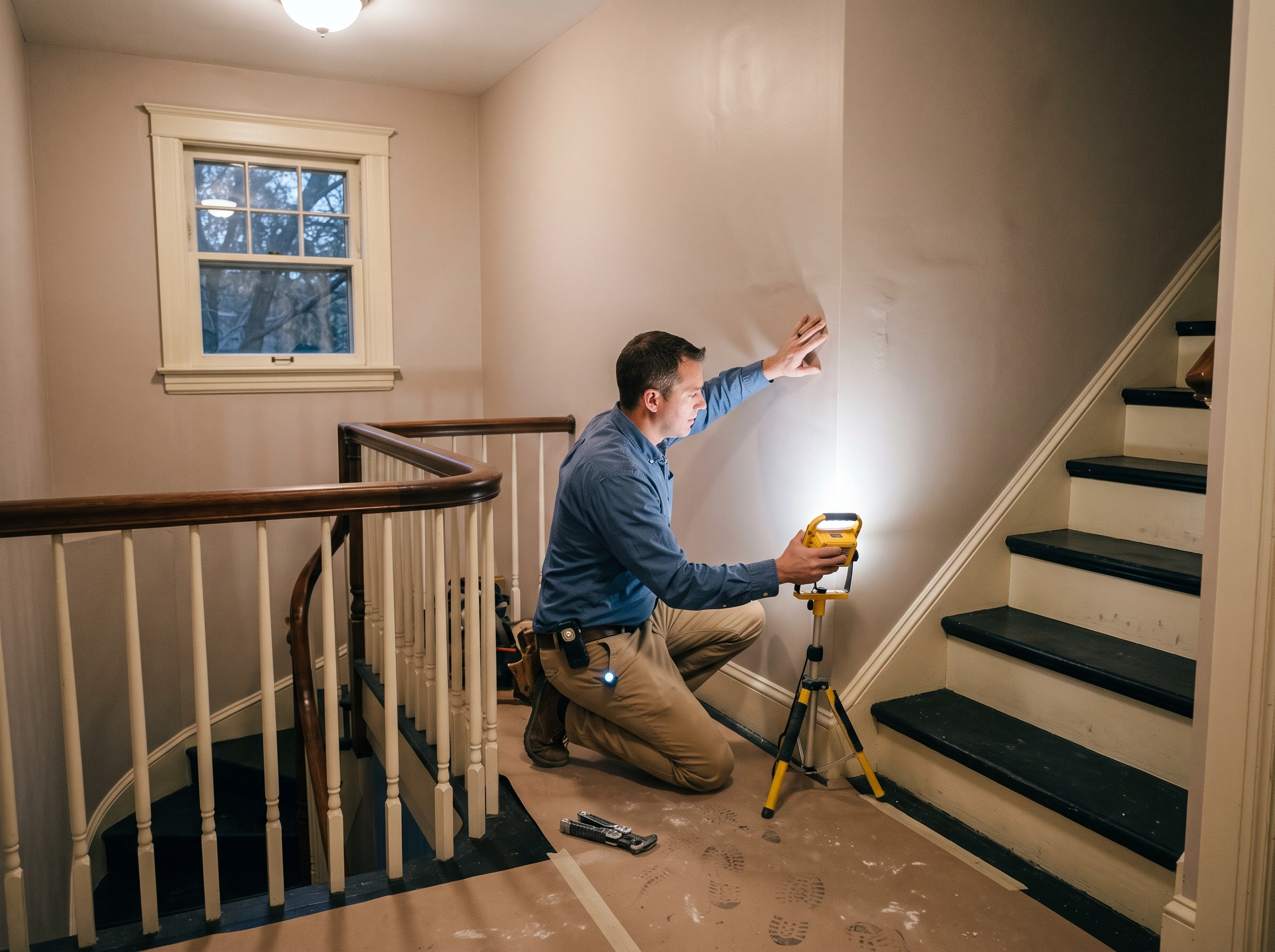 a professional inspecting newly finished drywall on a narrow stair landing in a Webster Groves home