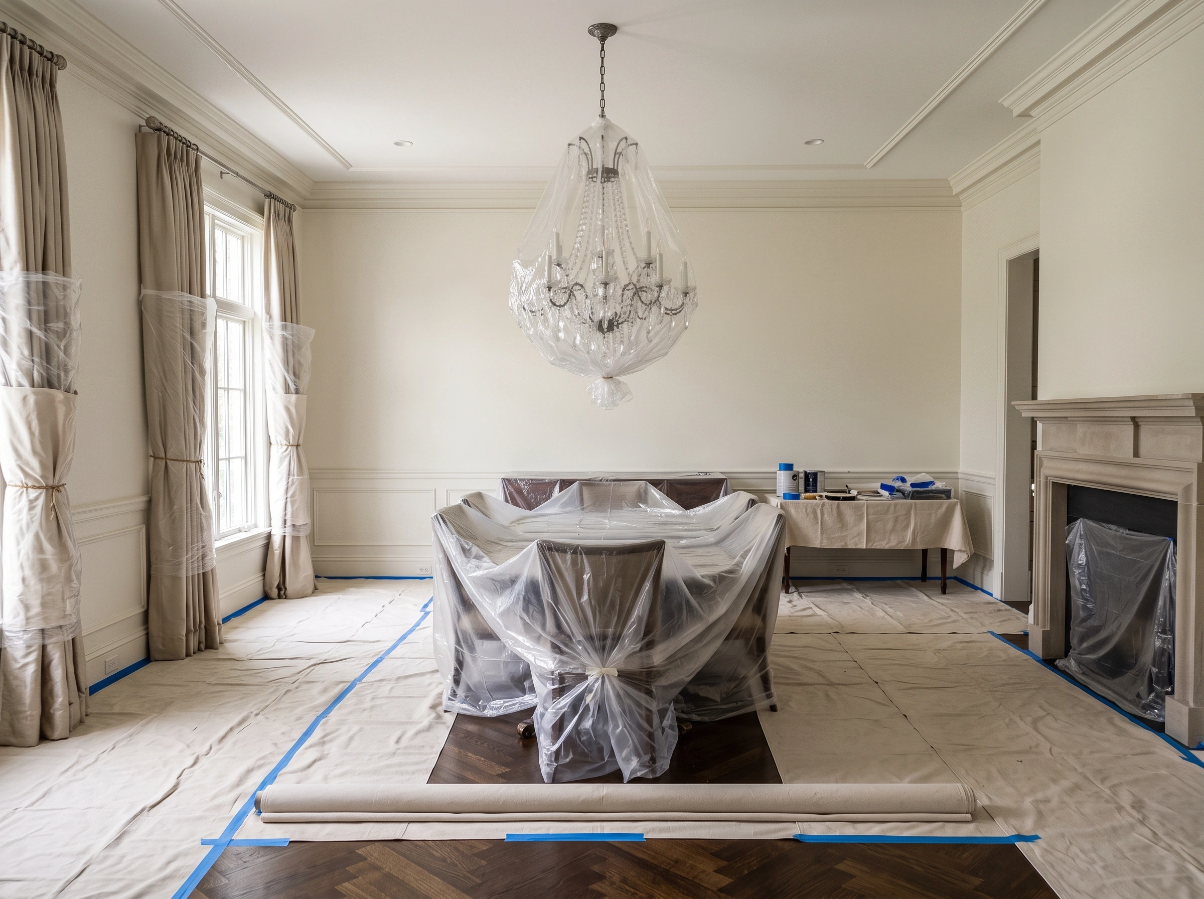 A photo of a Ladue dining room being protected before interior painting