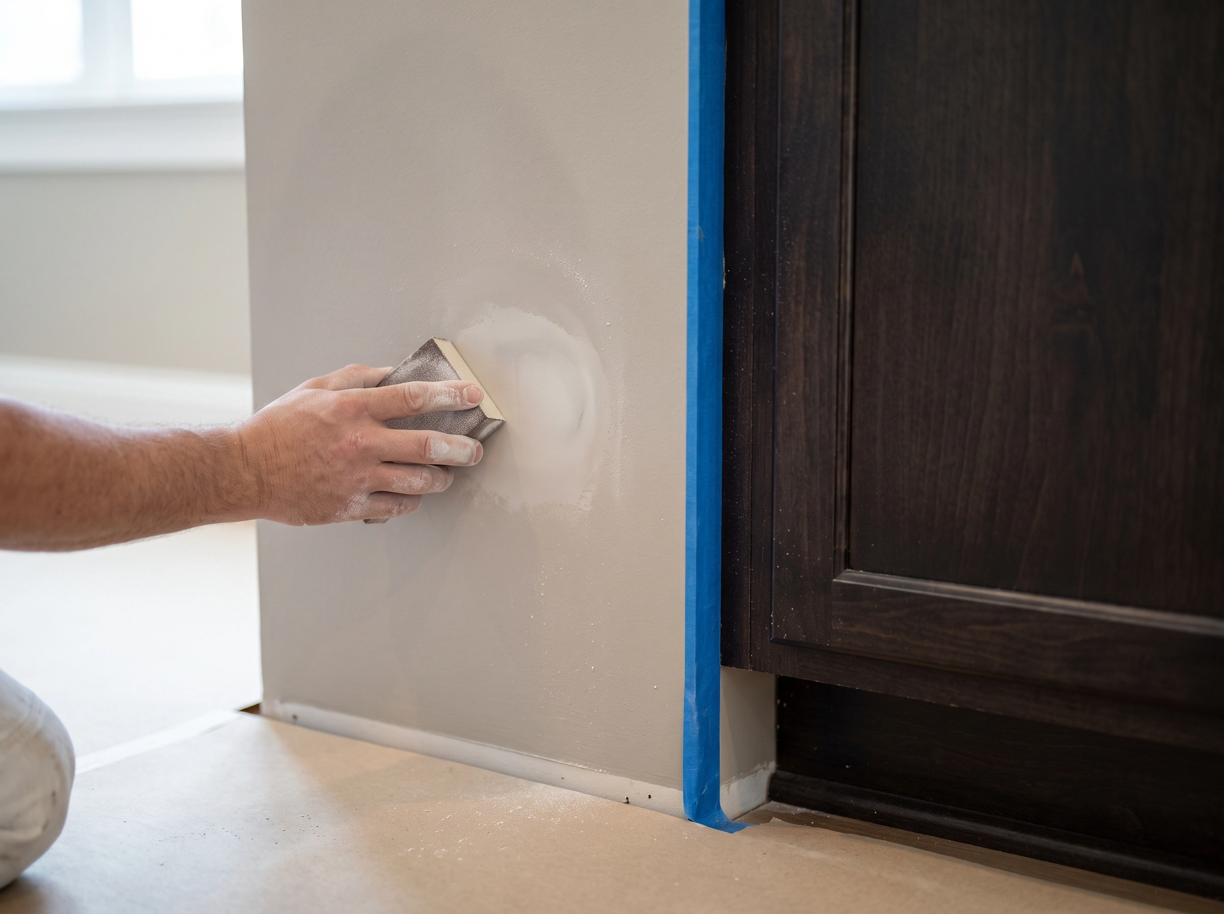 close-up photo of surface preparation on a smooth Ladue home wall painted a muted stone beige.