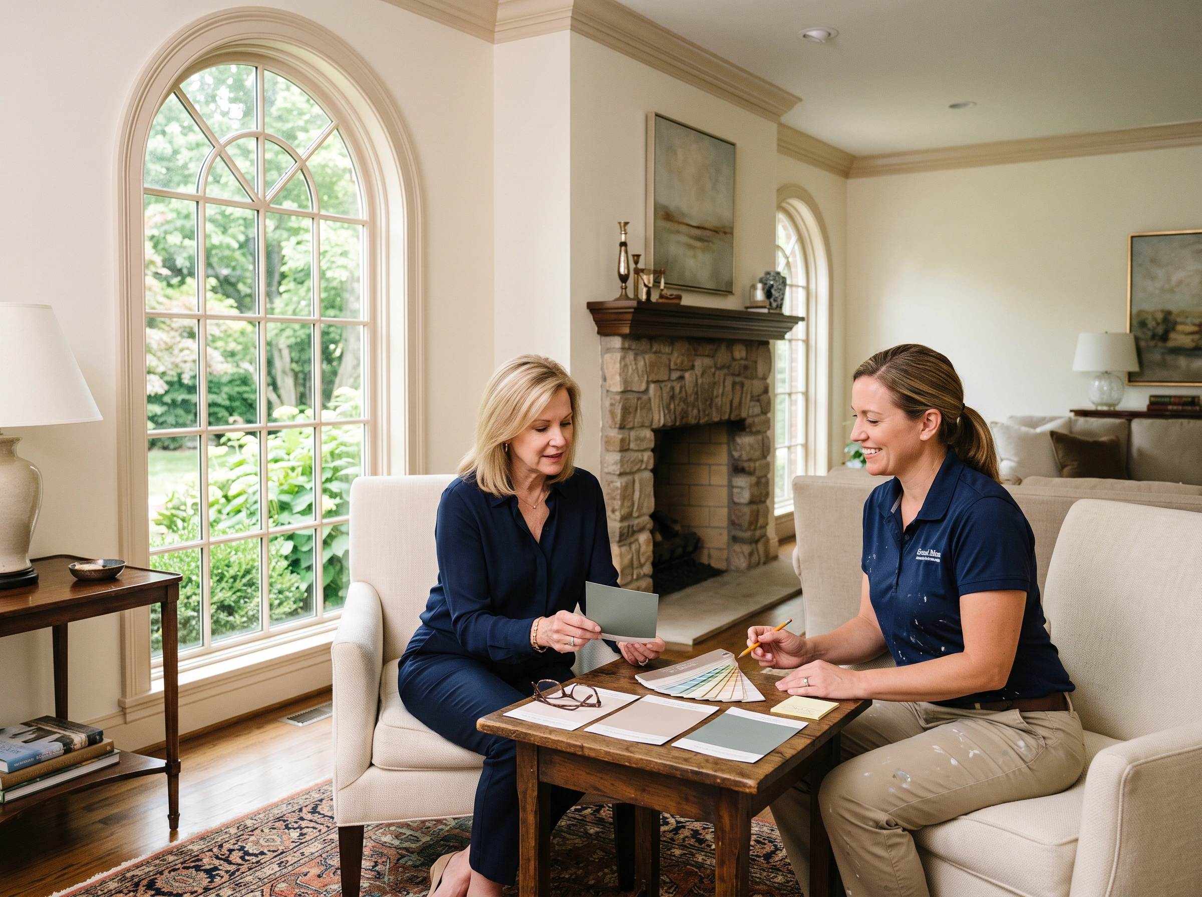 A photo of a painter and homeowner reviewing paint samples in a Ladue home sitting room with smooth cream-colored walls, soft champagne trim, a large arched window, and a stone fireplace surround.