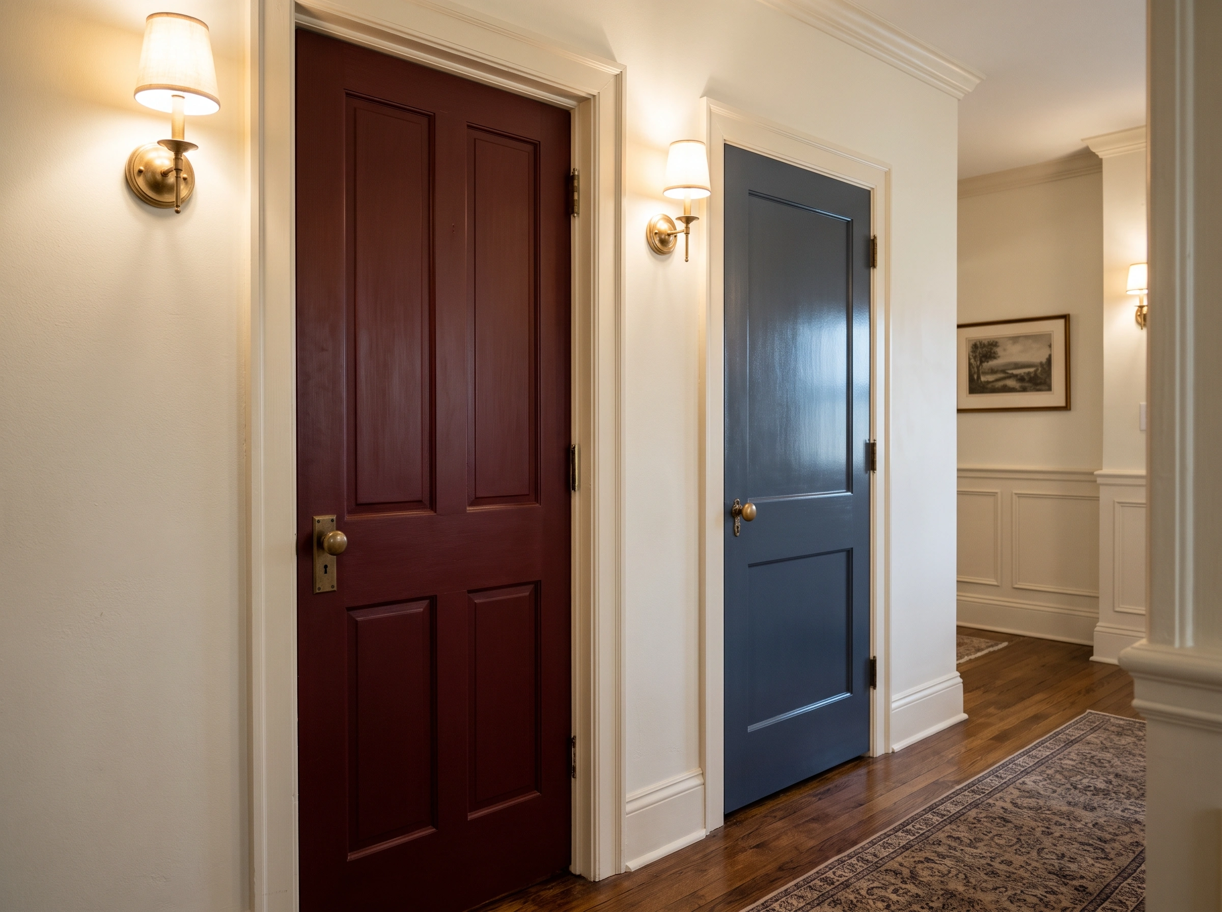 photo of two older interior doors in a Kirkwood home hallway, one painted deep oxblood in satin finish and one painted muted navy in semi-gloss finish.