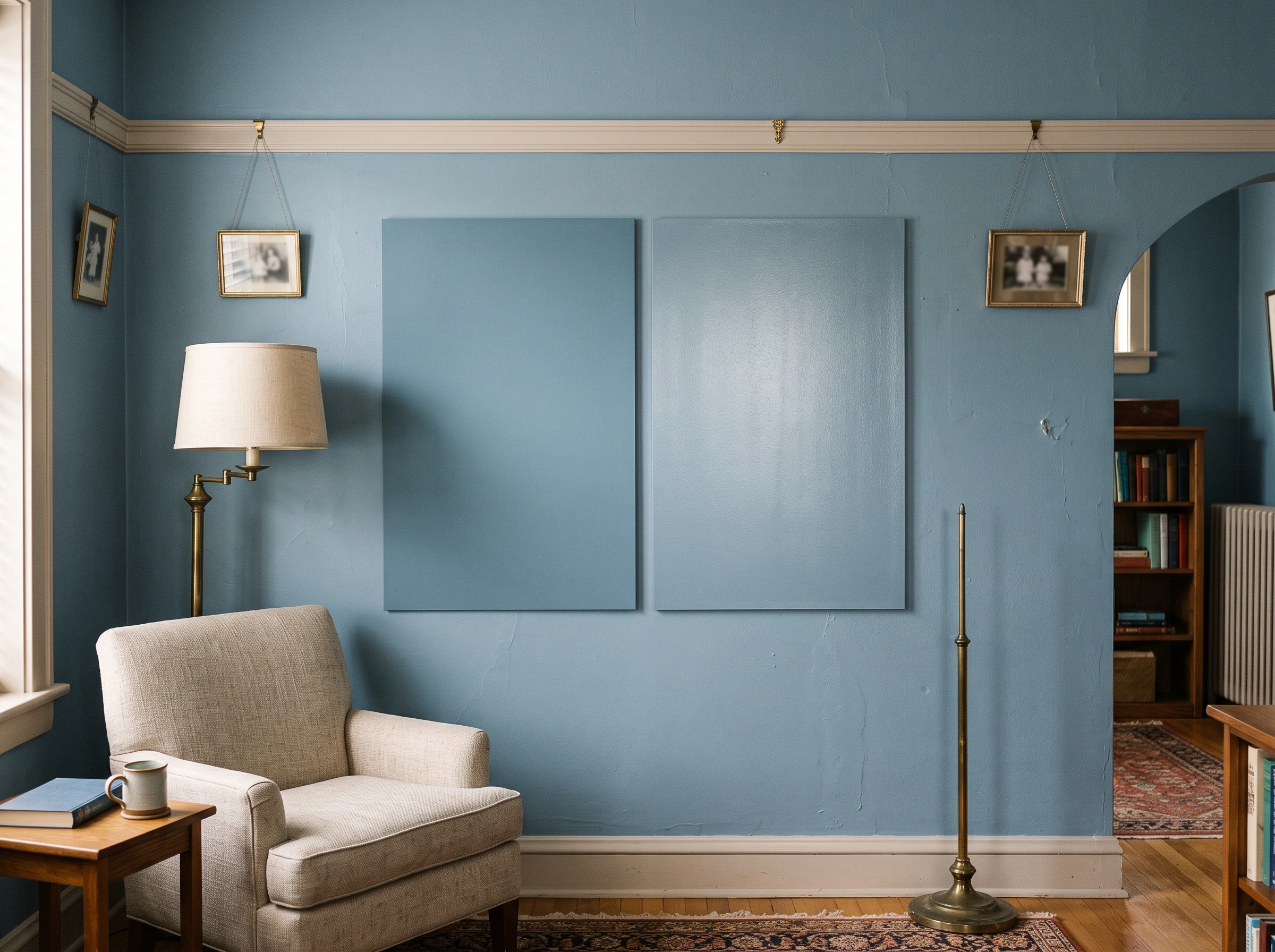 photo of a Kirkwood home sitting room showing two adjacent wall sample panels in the same dusty blue color, one matte and one eggshell, under side lighting.