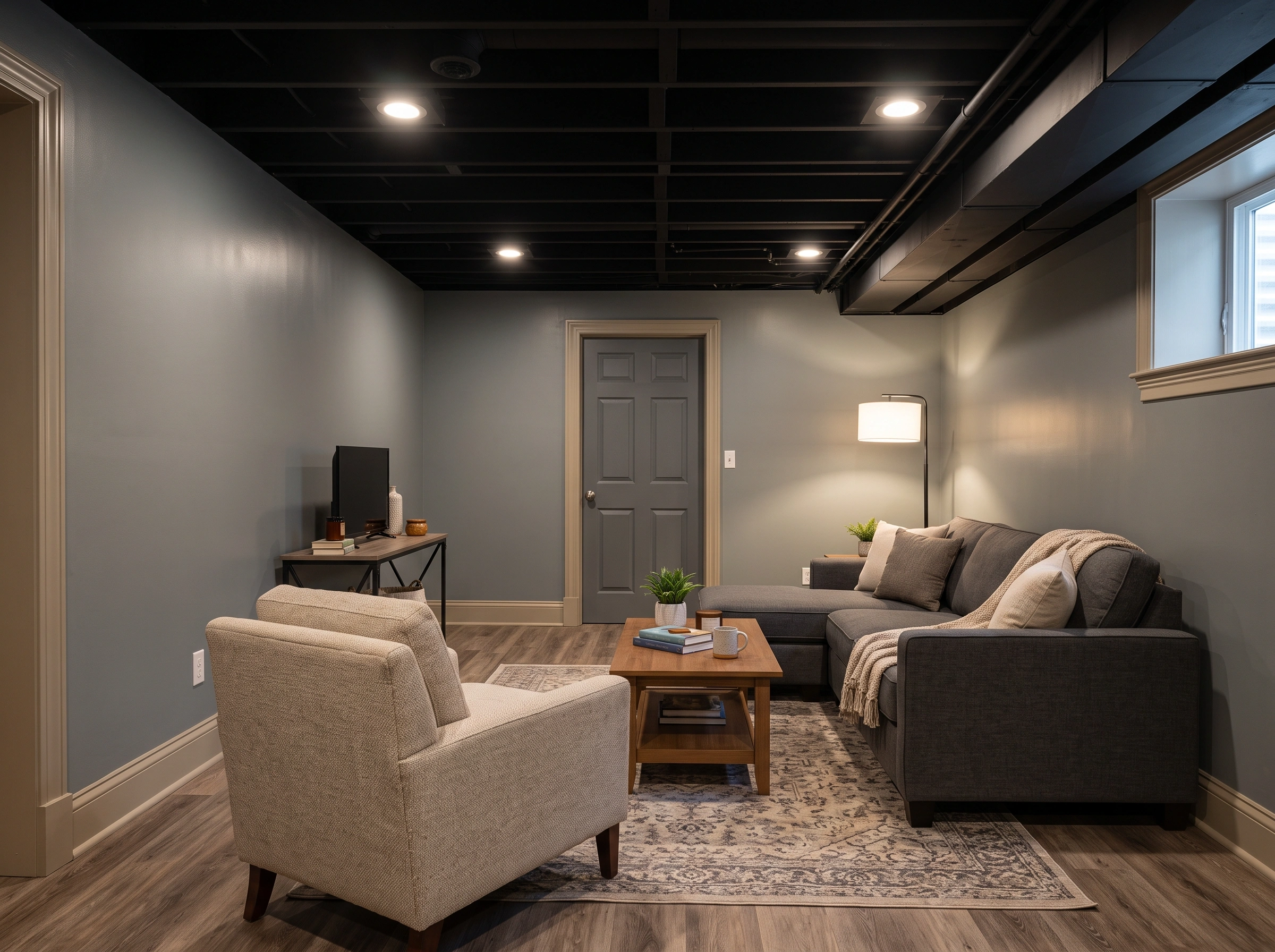 photo of a finished Kirkwood basement family room with walls painted muted mineral gray in satin finish, a flat black painted open ceiling, trim painted warm putty, and durable painted doors in soft charcoal