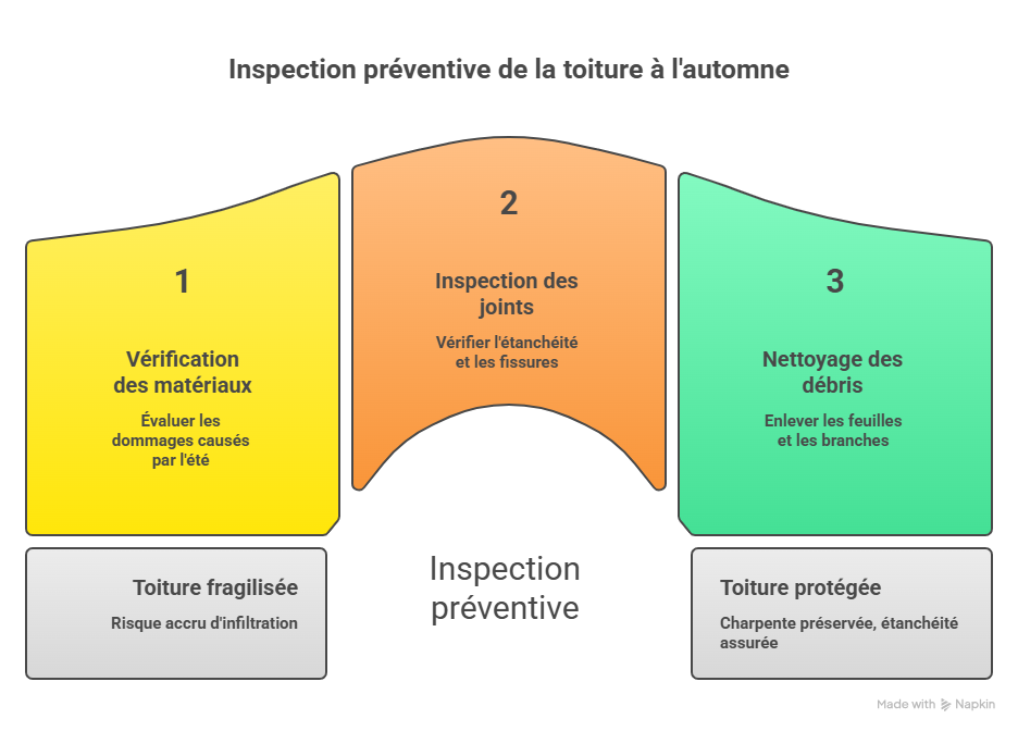 Inspection d’une toiture en fin d’été avant l’automne avec contrôle des tuiles et prévention des infiltrations