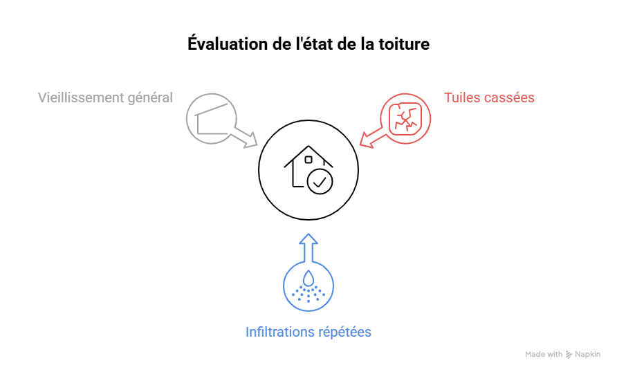 Tuile cassée ou déplacée sur une toiture avec comparaison entre remplacement ponctuel et rénovation complète Tuile cassée ou déplacée sur une toiture avec comparaison entre remplacement ponctuel et rénovation complète