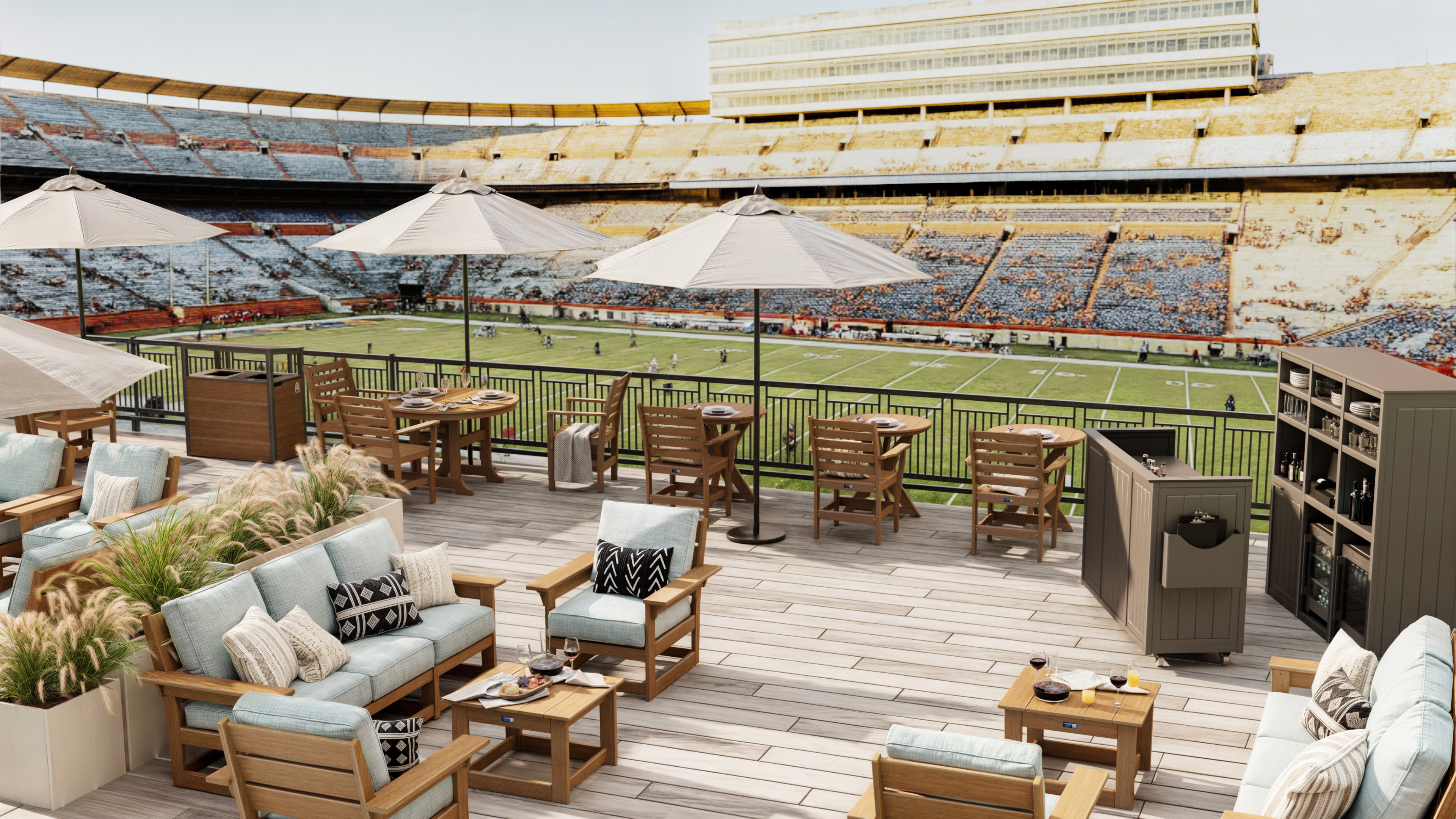 Premium woodgrain recycling station inside an NFL stadium luxury club lounge