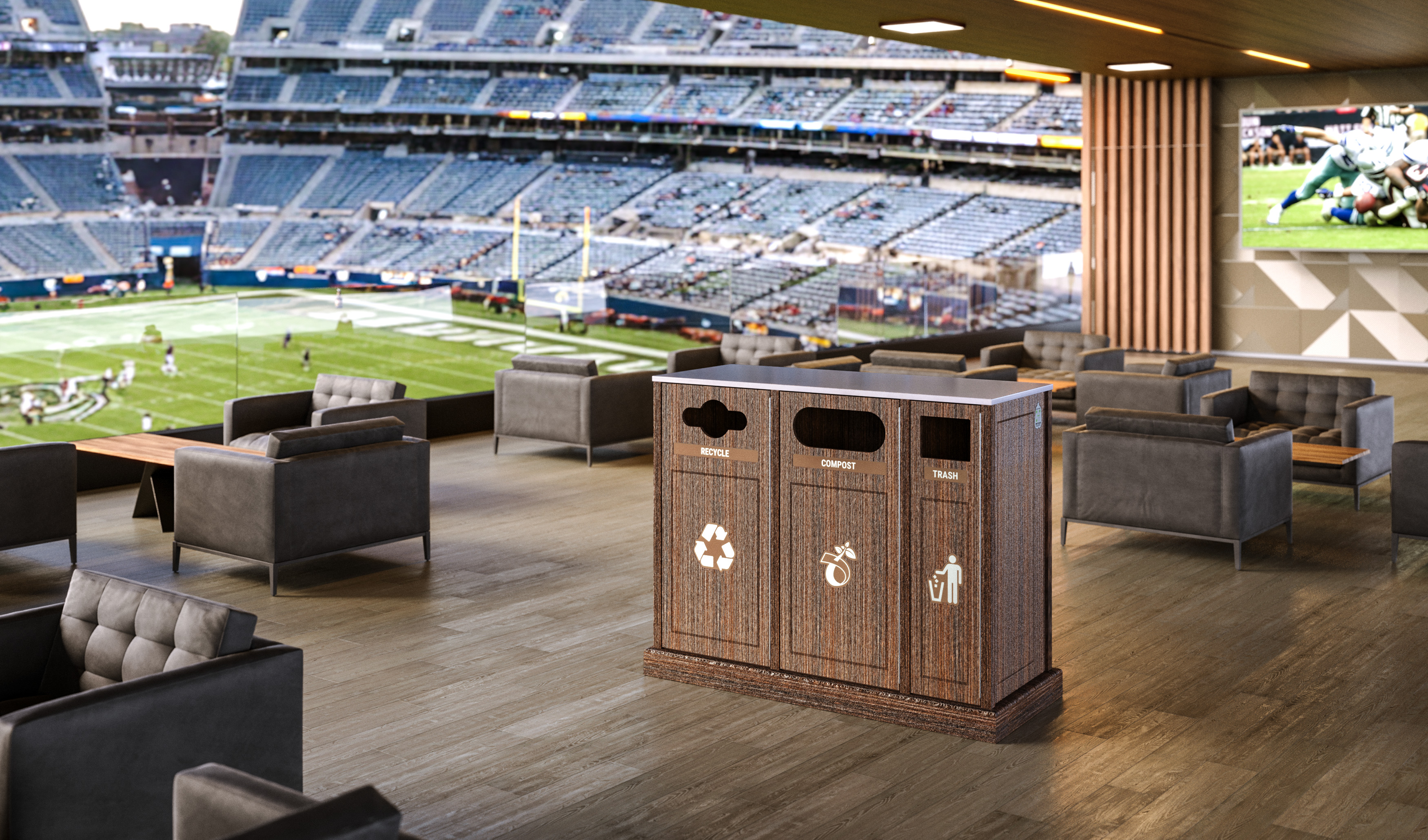 Custom three-stream recycling and compost-ready waste station deployed at U.S. Bank Stadium concourse