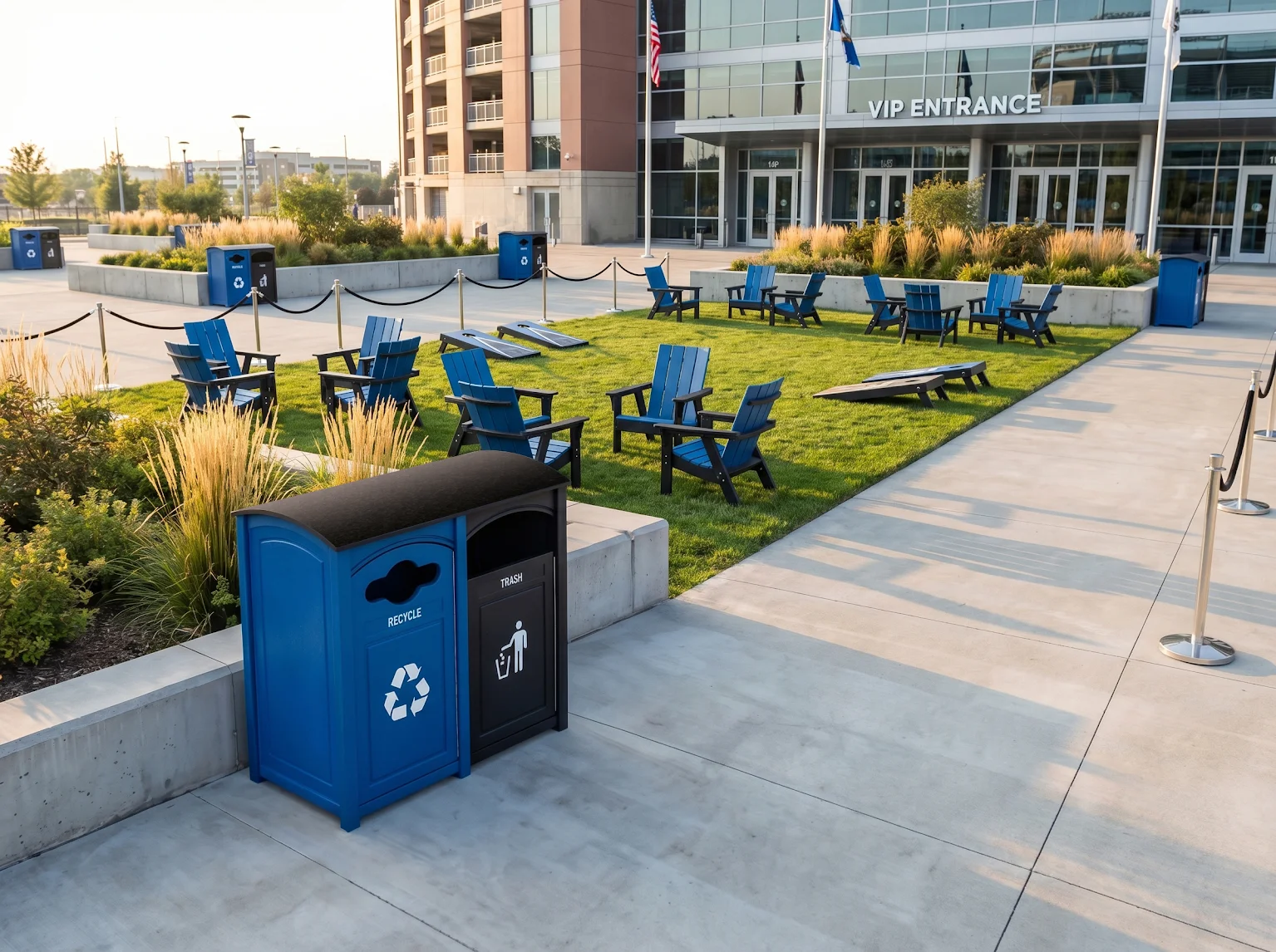 Max-R commercial recycling and waste stream station on a modern stadium concourse with branded signage