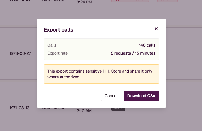 MedCalls CSV export dialog showing a synthetic call count and a warning to handle sensitive data appropriately