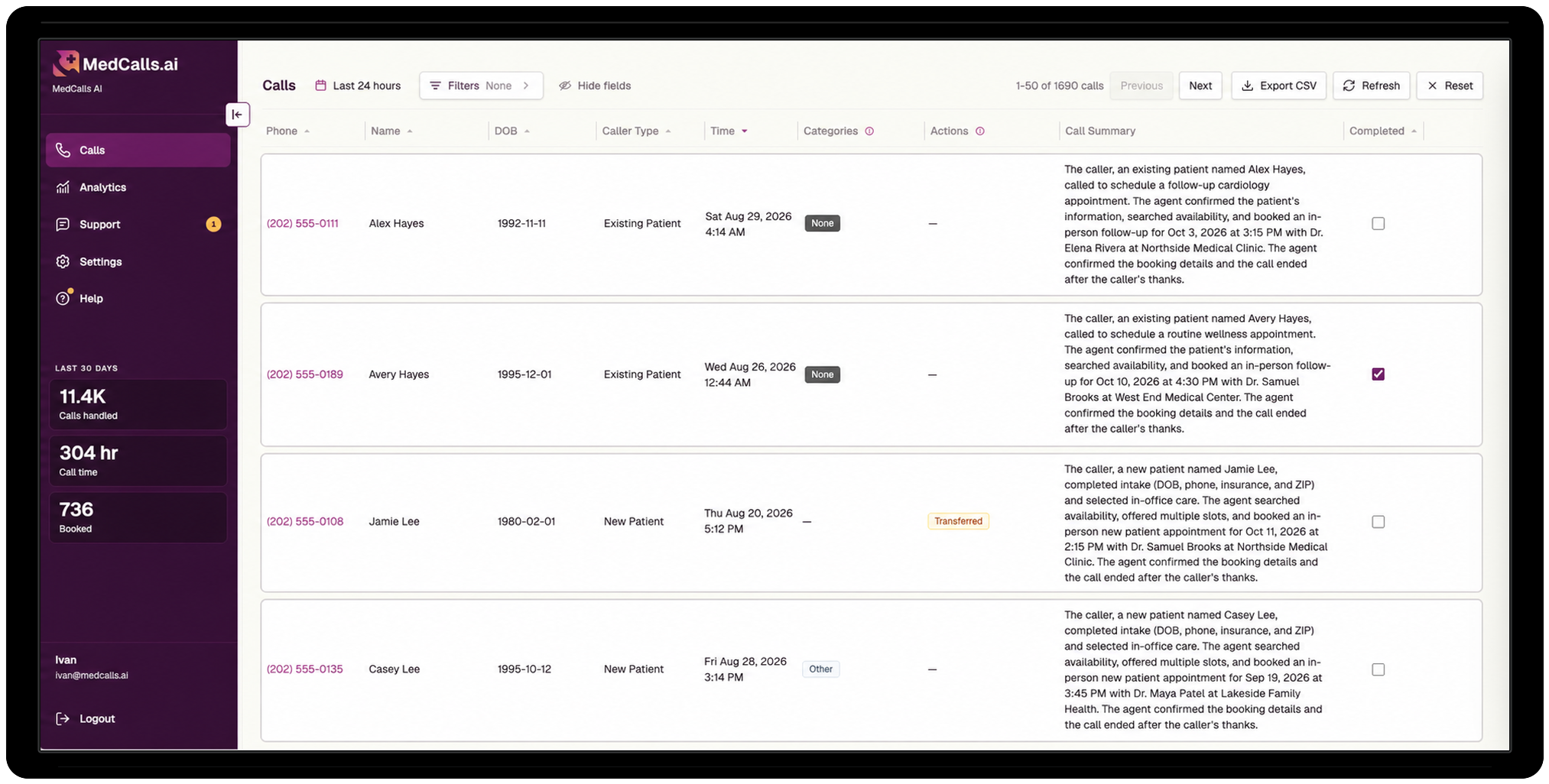 MedCalls dashboard call history showing filters, synthetic call summaries, actions, and completed outcomes
