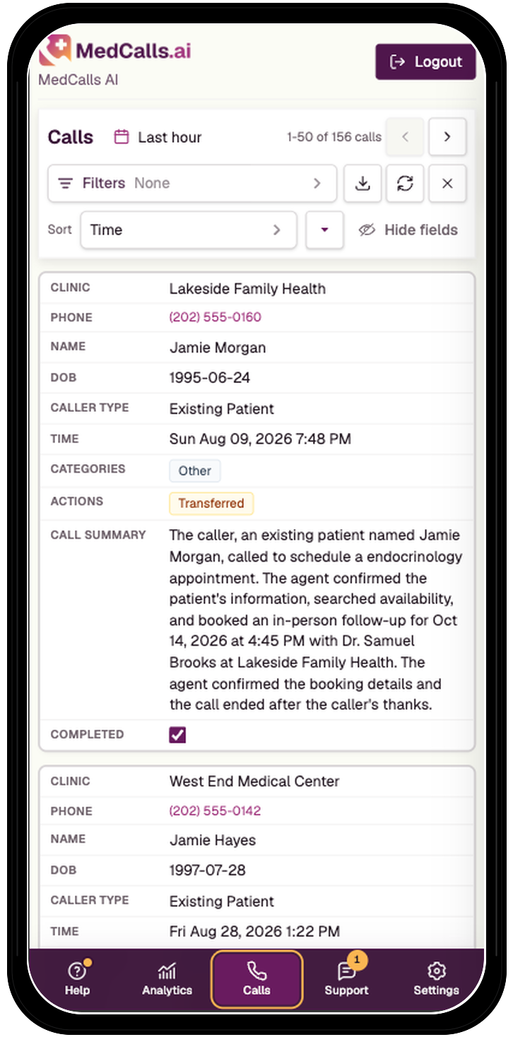 Mobile MedCalls call history with readable synthetic call records, filters, summaries, categories, and actions