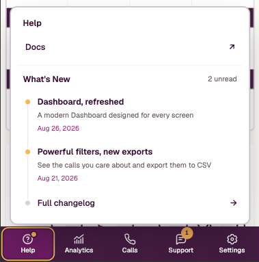 MedCalls Help menu with links to documentation, new dashboard updates, and the full changelog