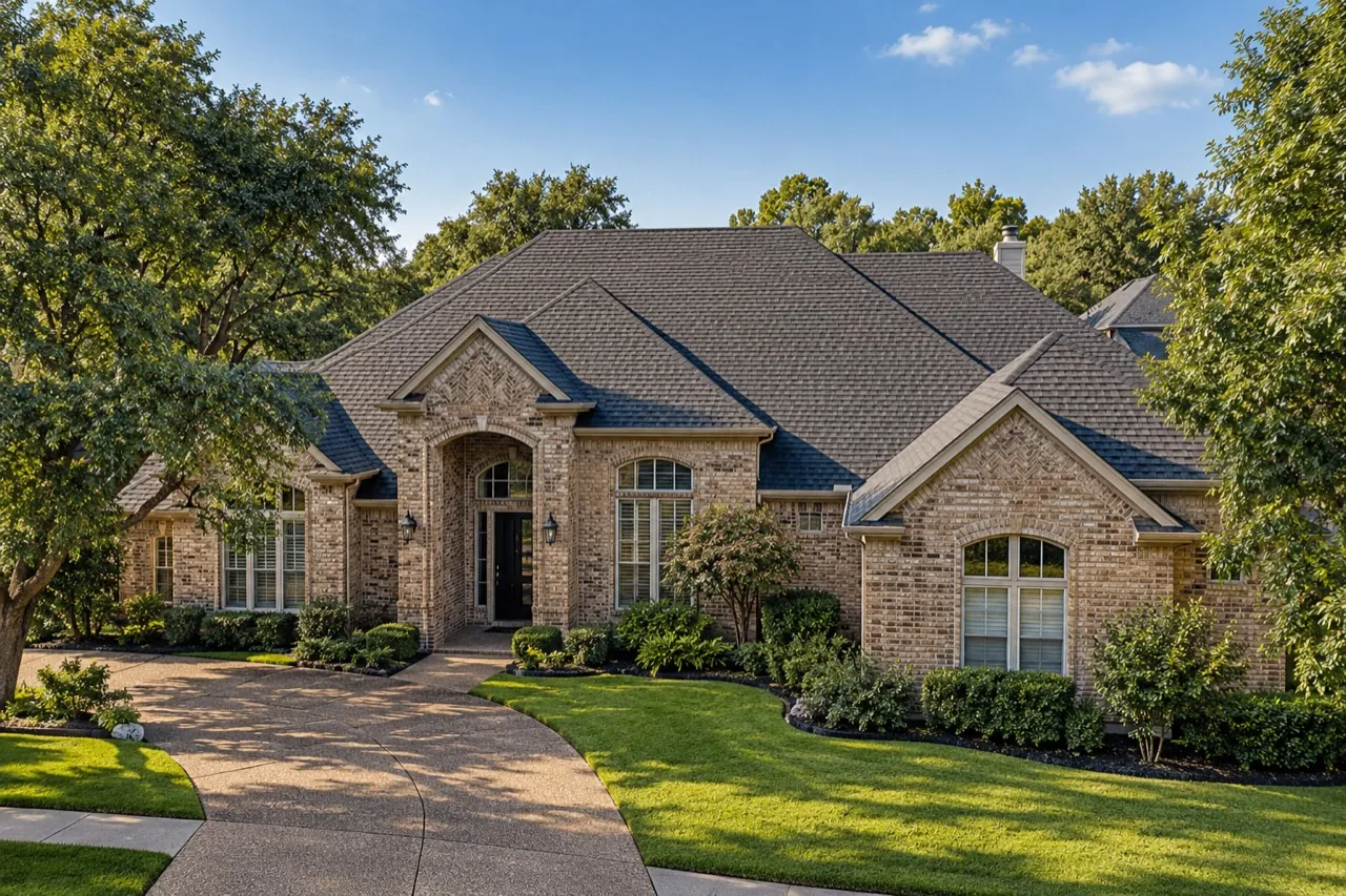 Texas brick home with charcoal shingle roof