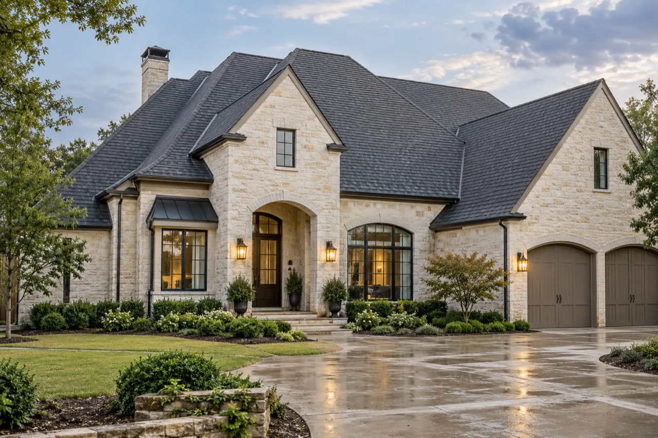 stone Texas home with a complete shingle roof