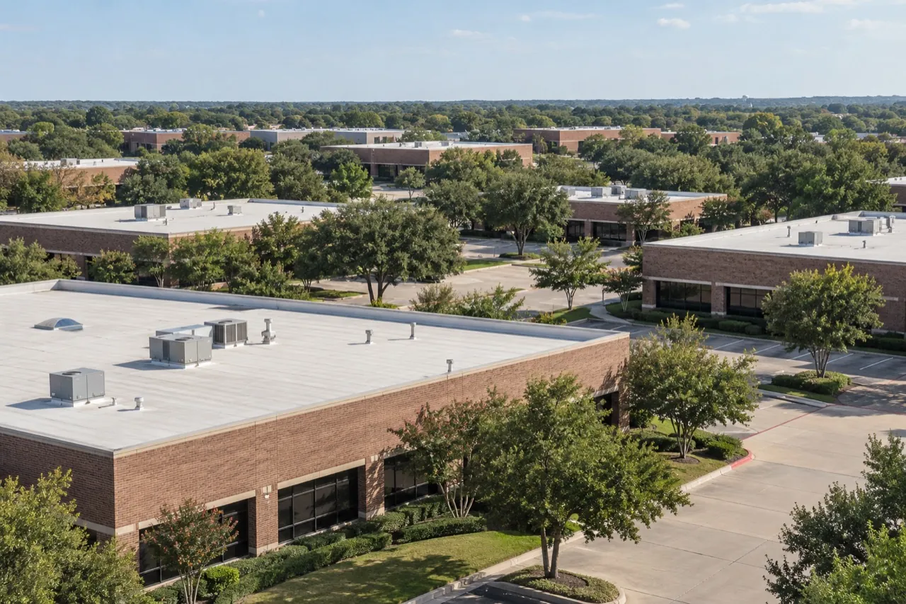 North Texas business park with commercial rooftops