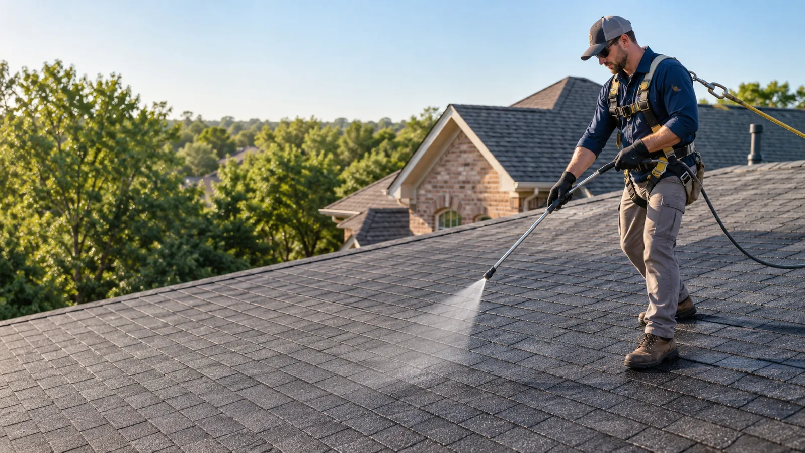 Professional applying a clear coating to an asphalt shingle roof