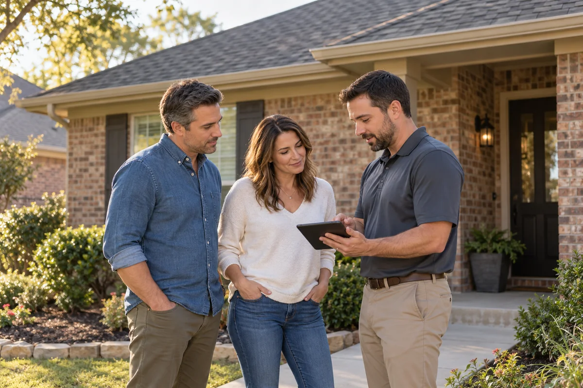 AI-created illustration of a roofing adviser talking with homeowners outside a North Texas brick home