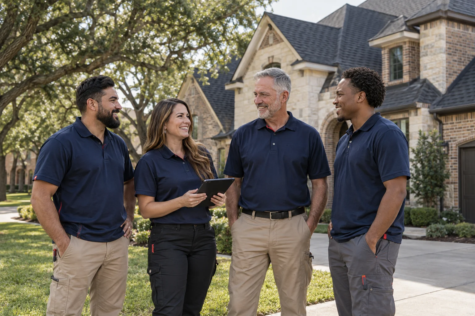 AI-created illustration of four roofing team members talking together outside a North Texas home
