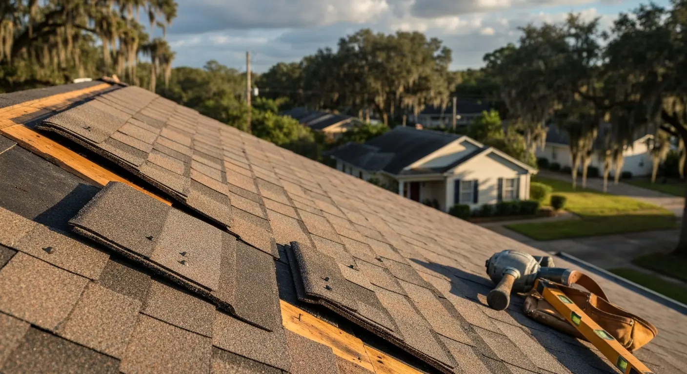 Storm damage repair on residential roof