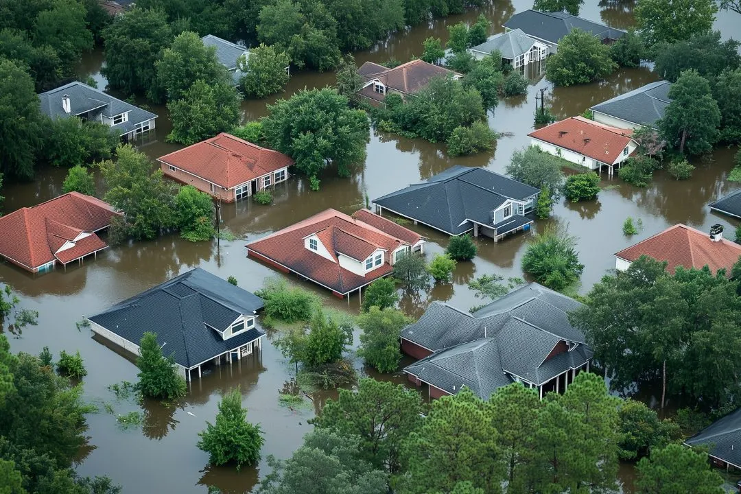 Aerial view of a flooded residential neighborhood
