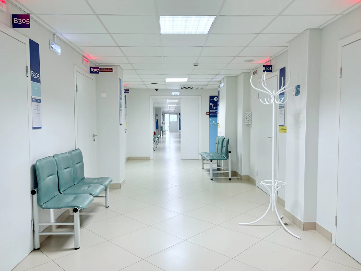 Clean institutional hospital corridor interior