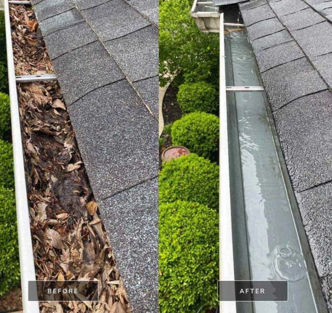 Leaf-filled gutter before and after cleaning in Metro Vancouver