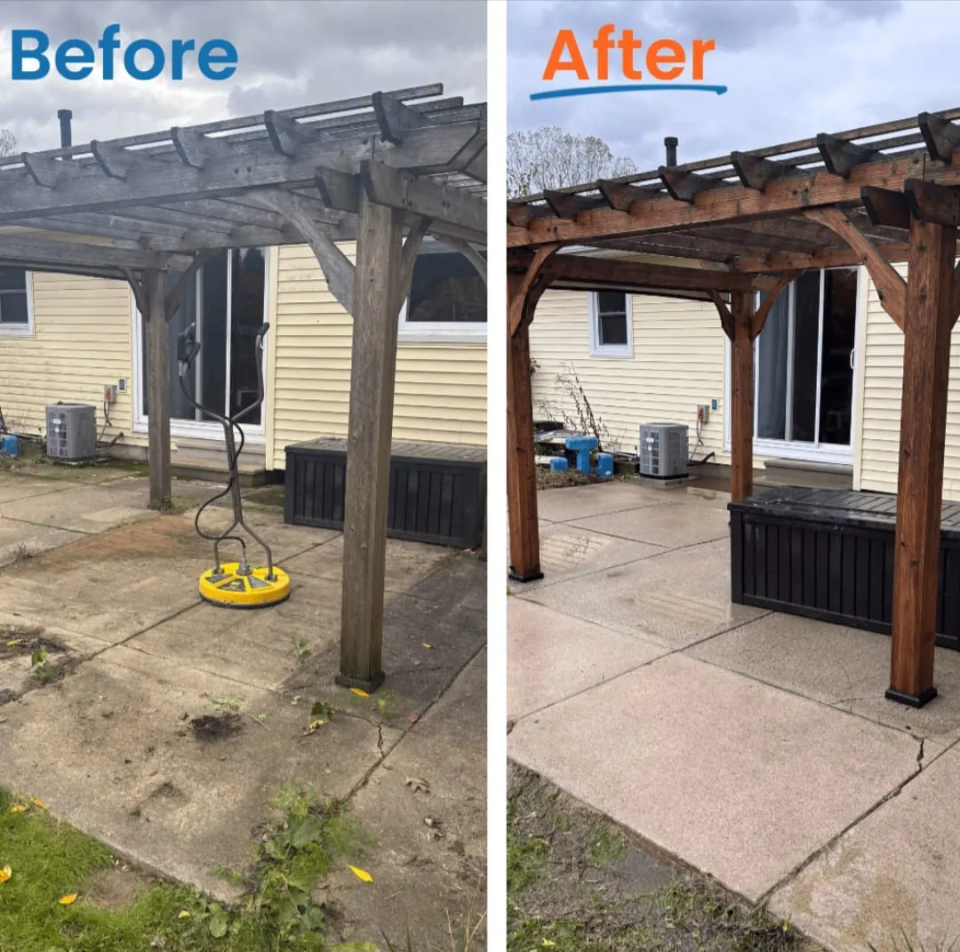 Concrete patio and pergola before and after pressure washing in Metro Vancouver