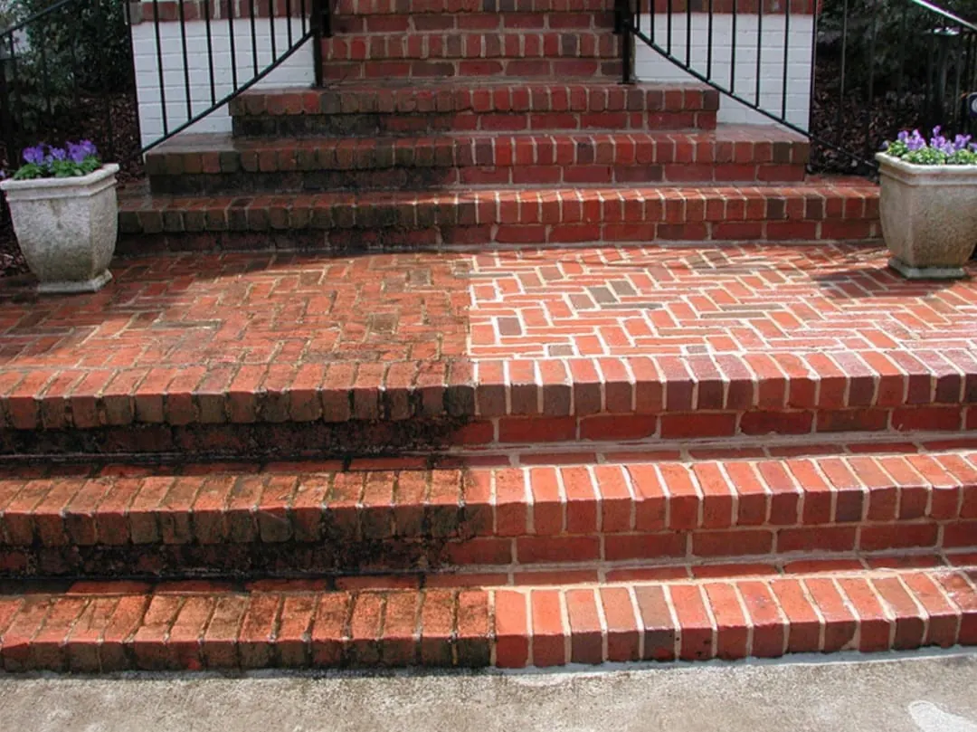 Brick front steps before and after pressure washing in Metro Vancouver
