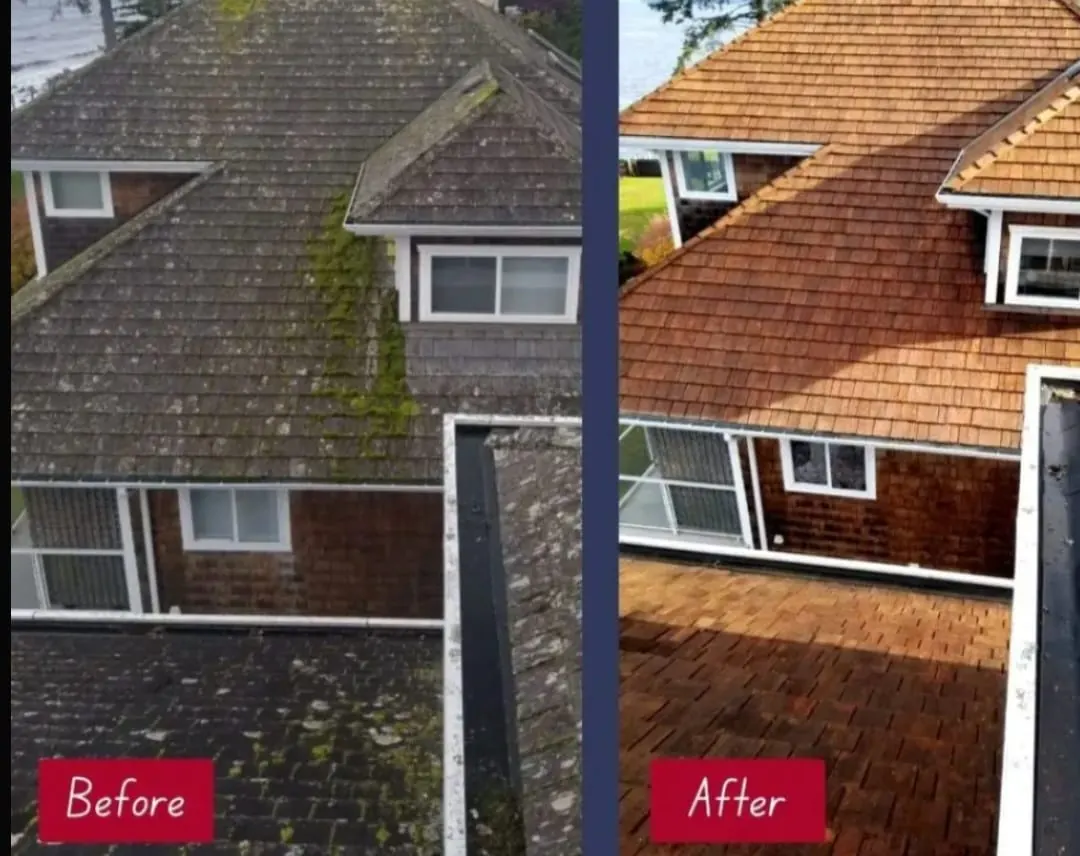 Cedar shake roof before and after restoration in Metro Vancouver