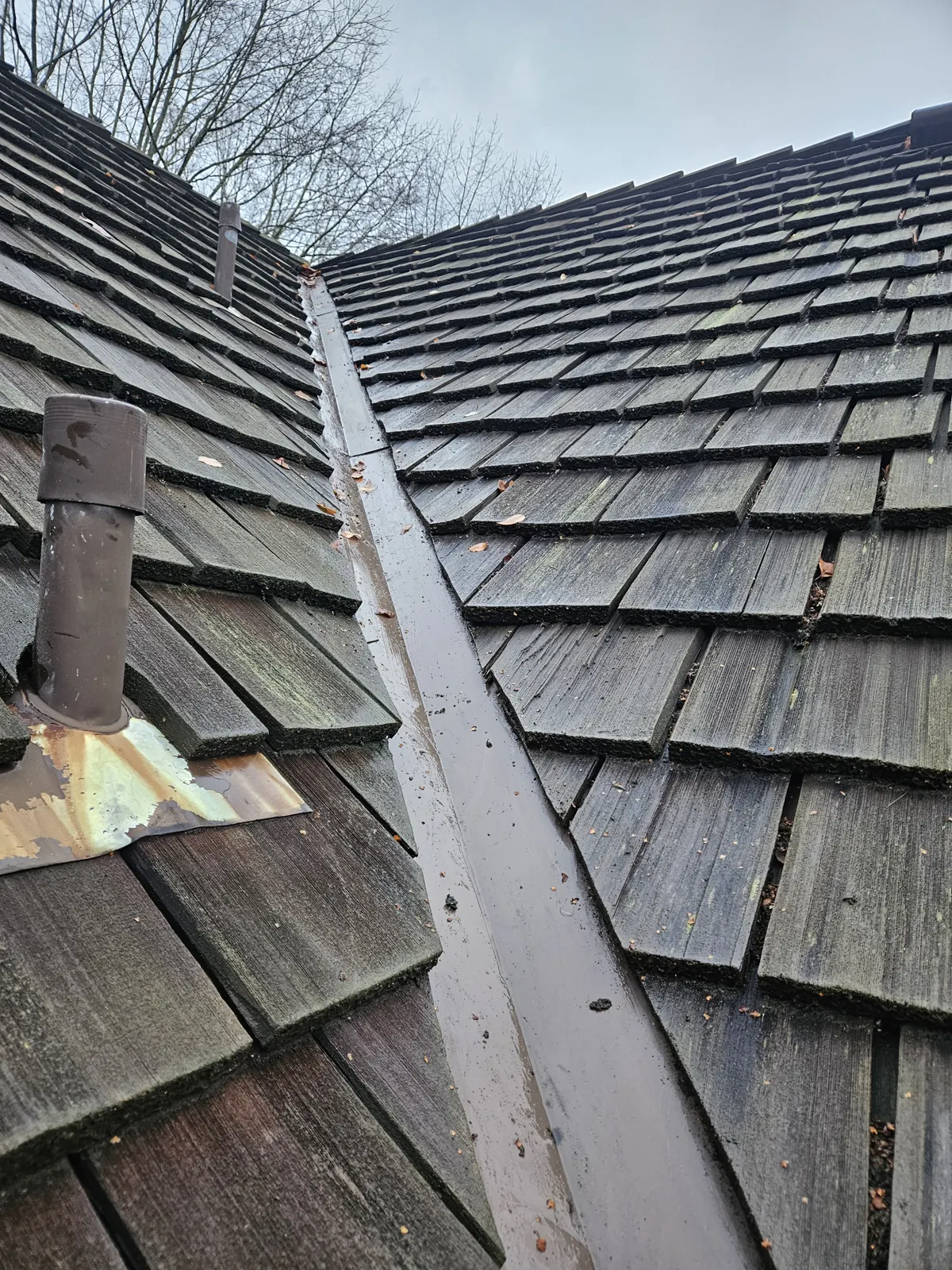 Cedar shake roof valley in Metro Vancouver after debris clearing
