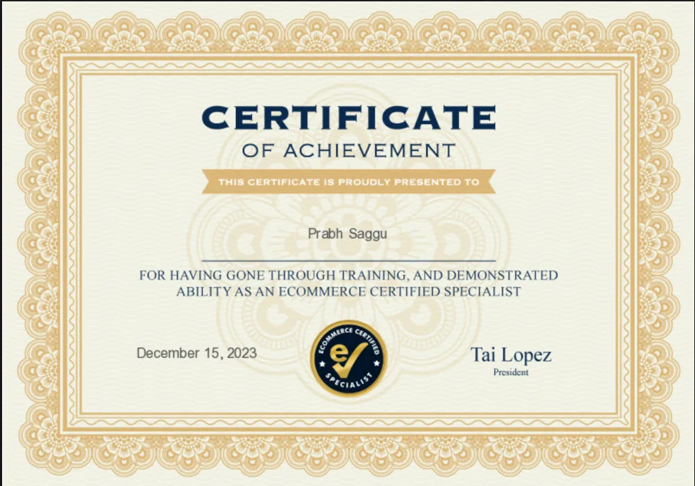 Ecommerce Certified Specialist Certification earned by Prabh, founder of FPM AI
