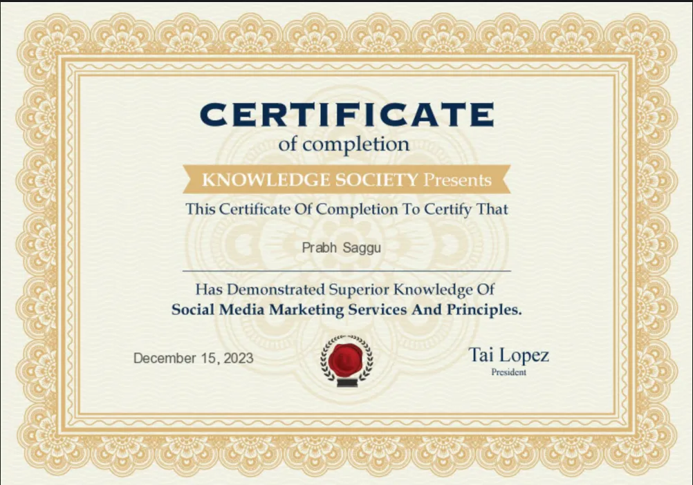 Social Media Marketing Services and Principles Certification earned by Prabh, founder of FPM AI