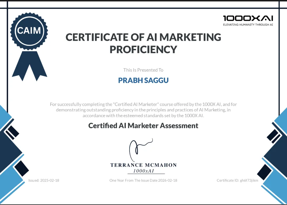 AI Marketer 1000x AI Certification earned by Prabh, founder of FPM AI
