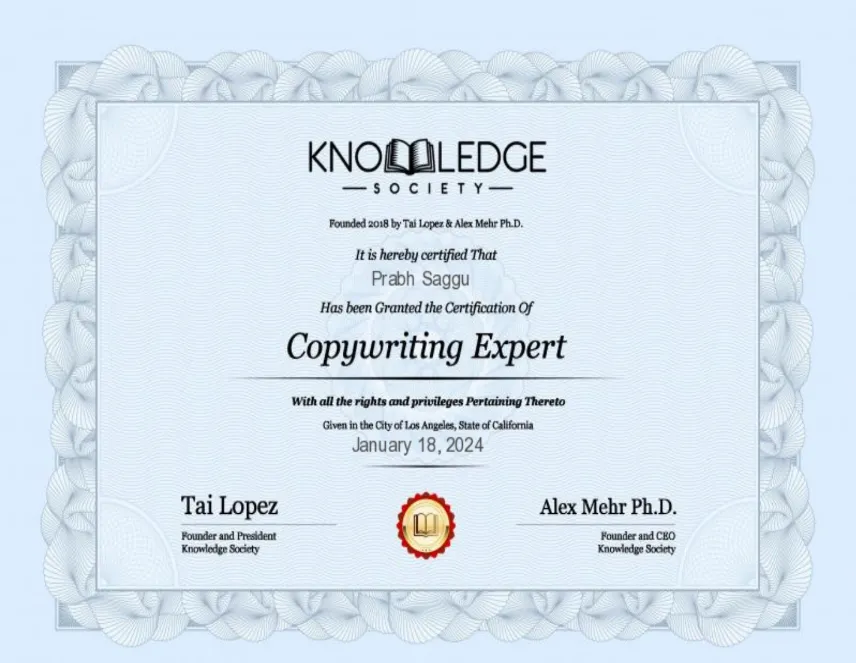Copywriting Certification earned by Prabh, founder of FPM AI
