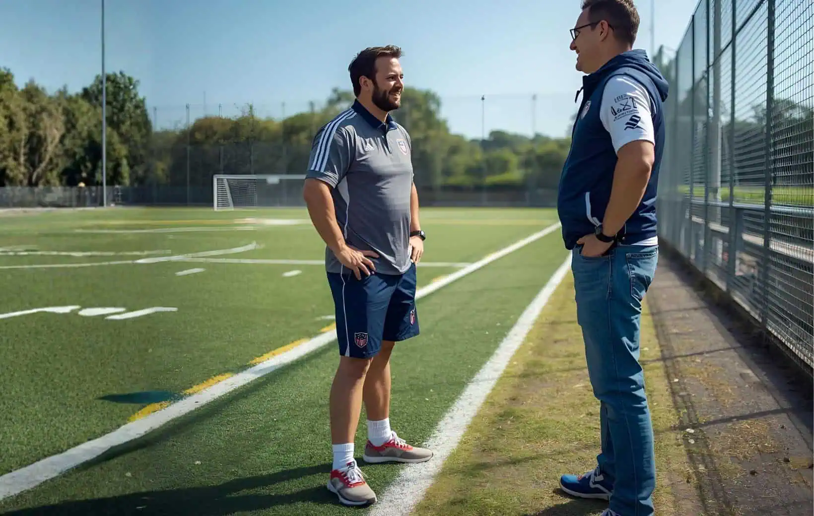 Vater im Gespräch mit Fußballtrainer.
