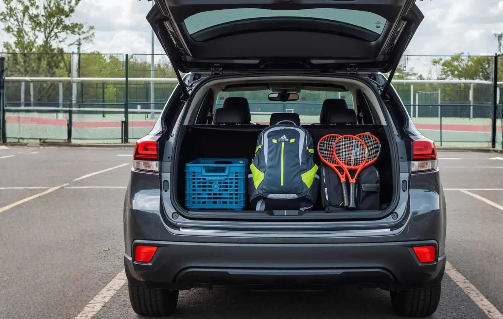 Mit Taschen, -Kisten, Tennisschläger gefüllter Kofferraum einer Sportfamilie.