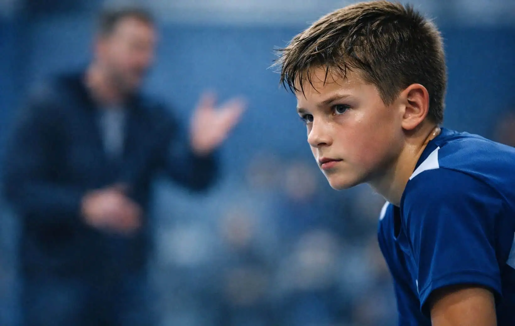 Junger Fußballer schaut gestresst bei Leistungsdruck.