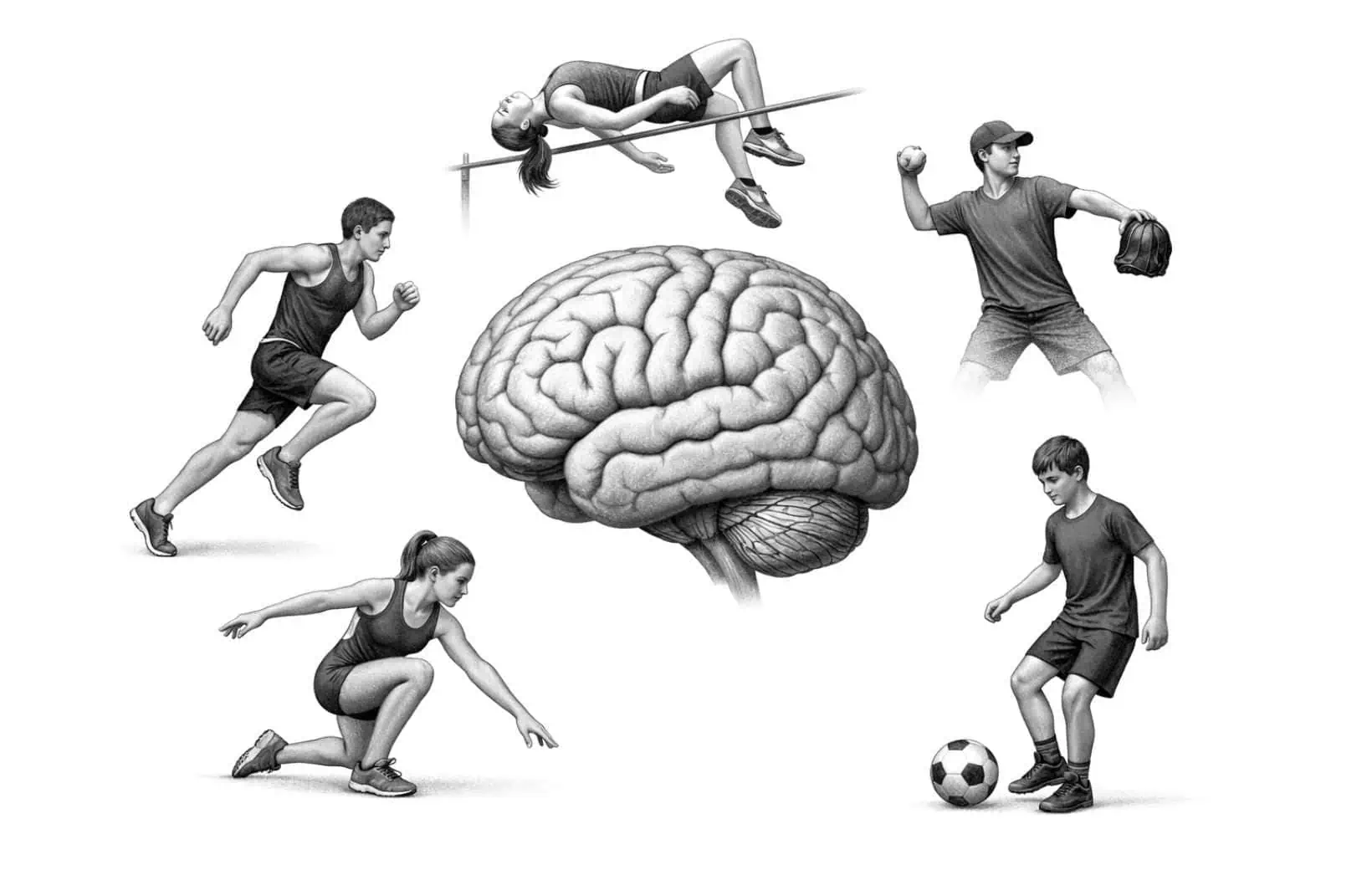 Gehirn und verschiedene Sportarten wie Hochsprung, Laufen, Fußball 