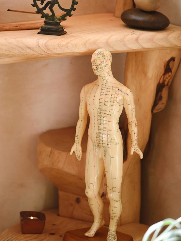 Meridiane und Akupunkturpunkte auf menschlicher Figur.