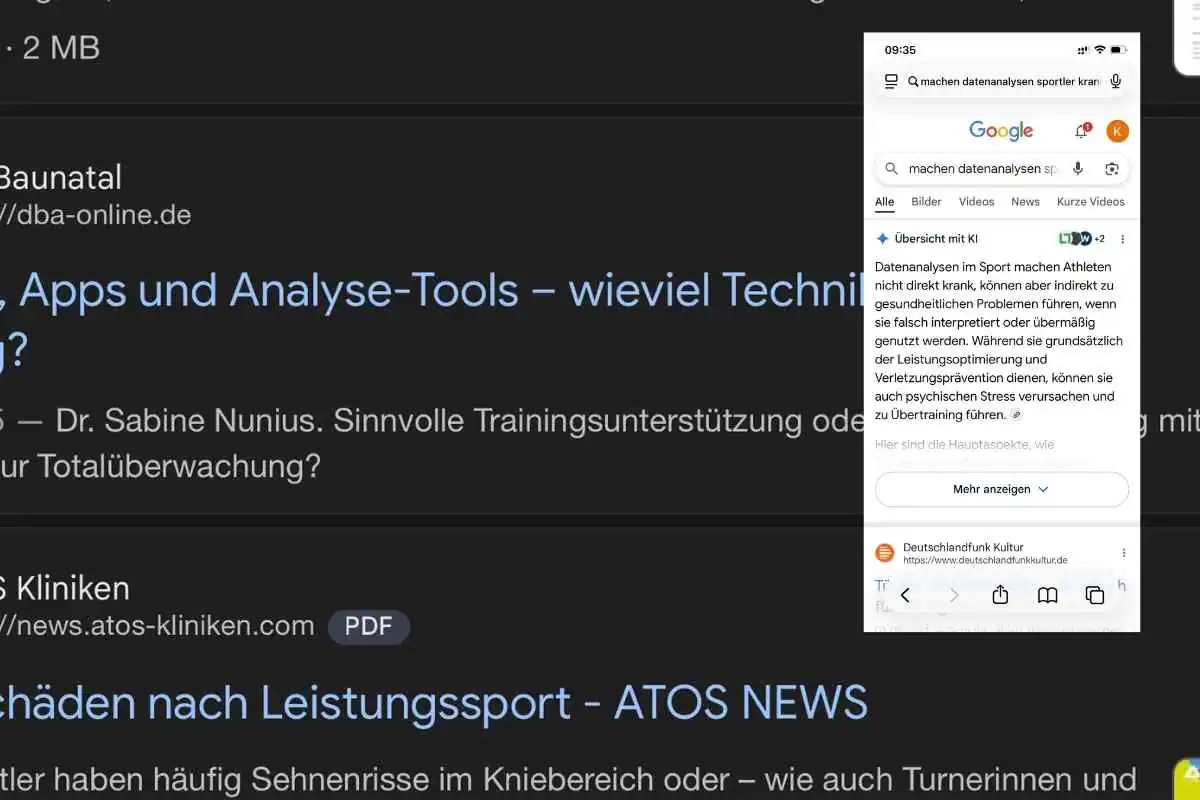 Screenshot Browser mit Recherche KI und Sport.