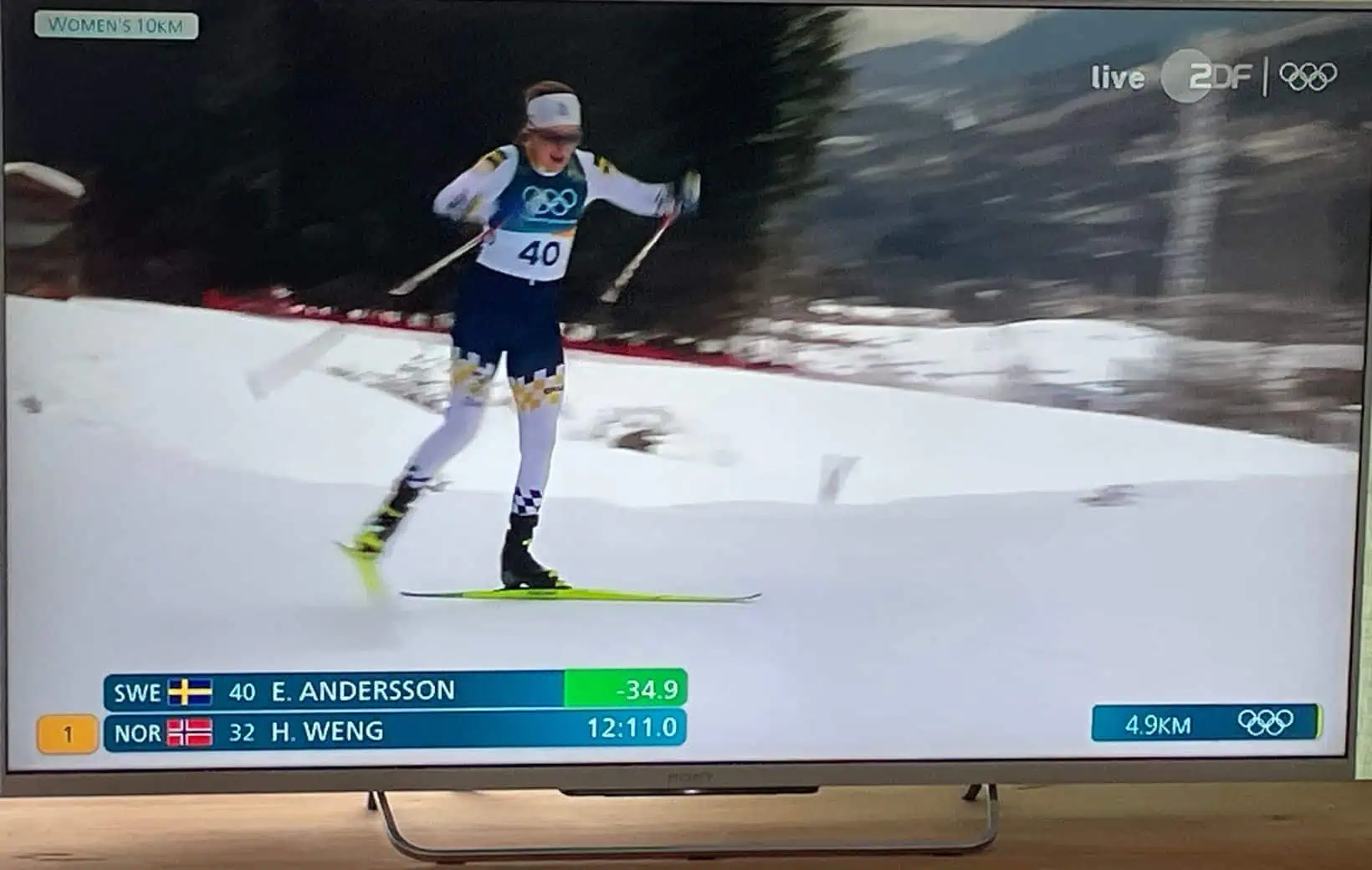 Foto von TV-Monitor mit Biathlet auf der Piste bei Olympia. Foto von TV-Monitor mit Biathlet auf der Piste bei Olympia.