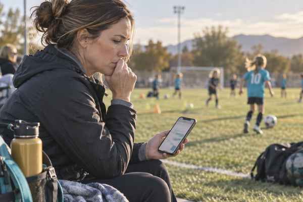 Mutter am Spielfeldrand schaut angestrengt ins Handy.